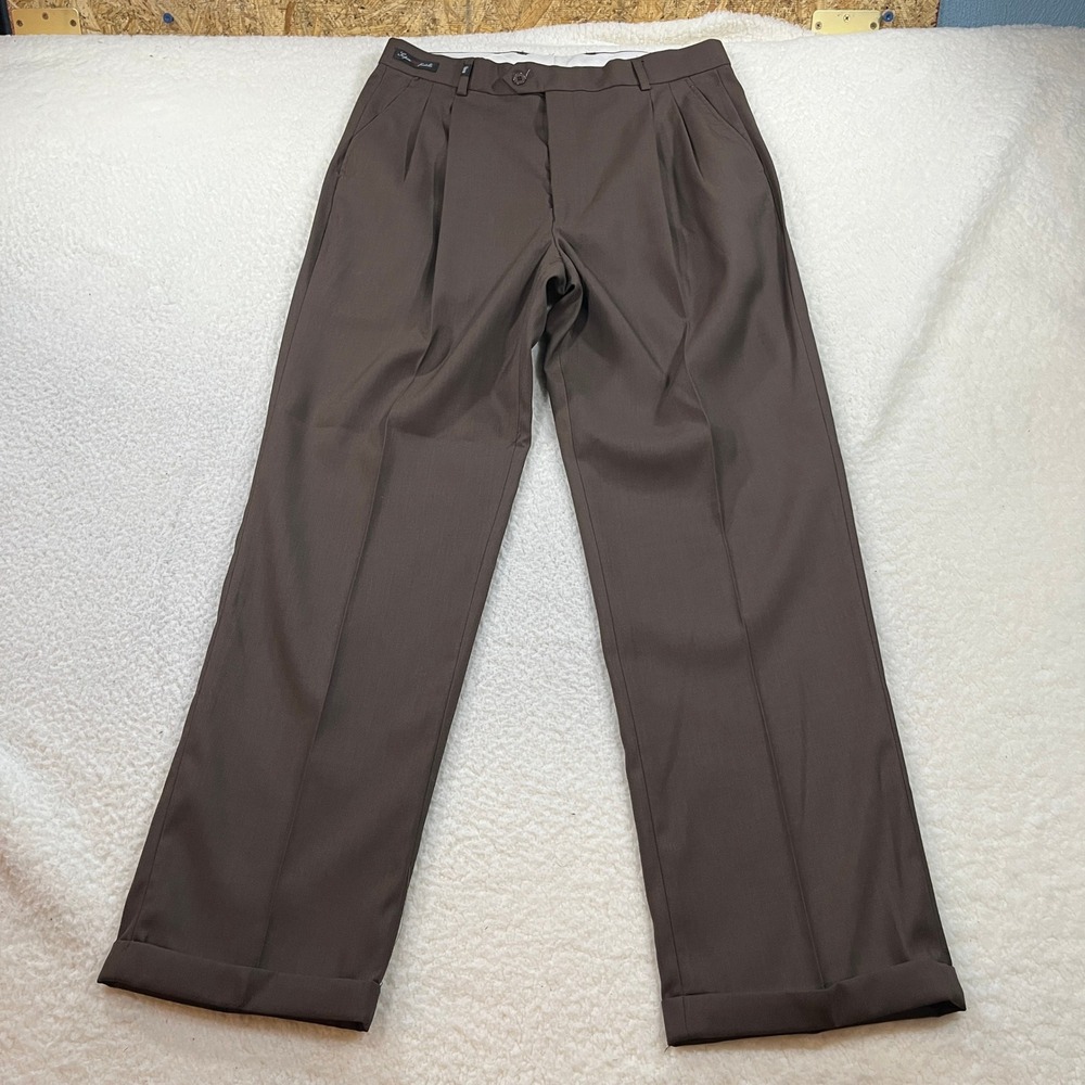 Eddie Domani Dress Pants Mens 36/32 Brown Super 120s Fratelli Pleated Cuffed